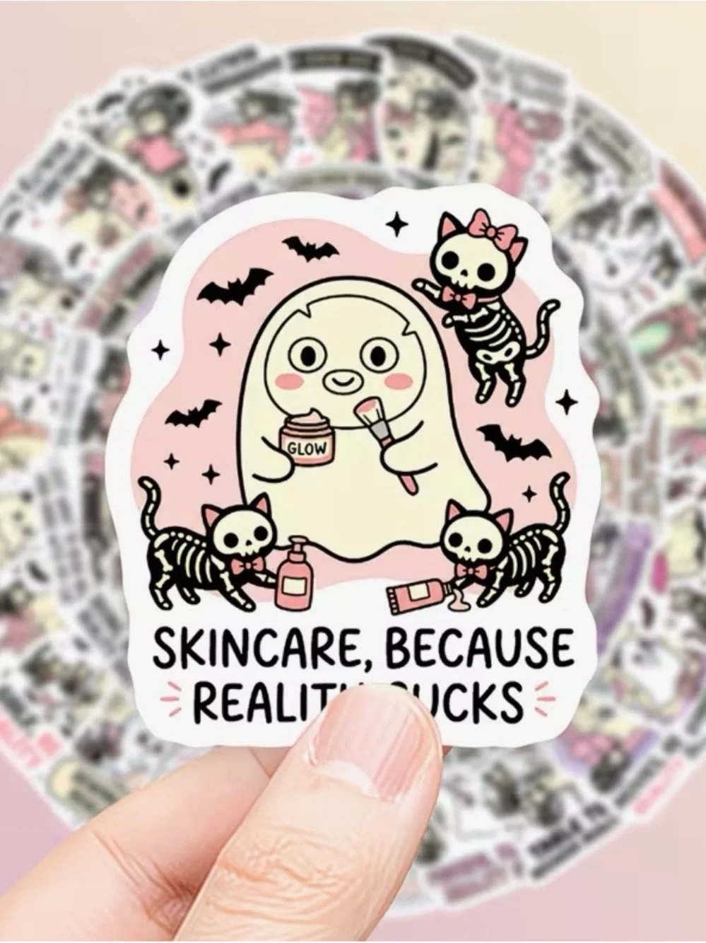 50 Cute Ghost & Her 3 Pet Cats Stickers Busy Kitty Because Reality Sucks' Pink